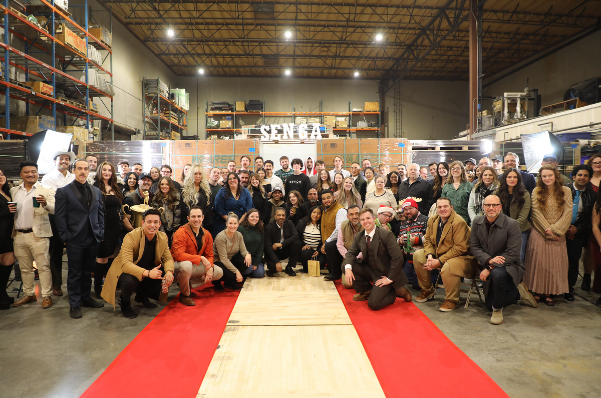Senga Energy team group photo celebrating customer success and five-star reviews for solar, battery, windows, and roofing installations in California