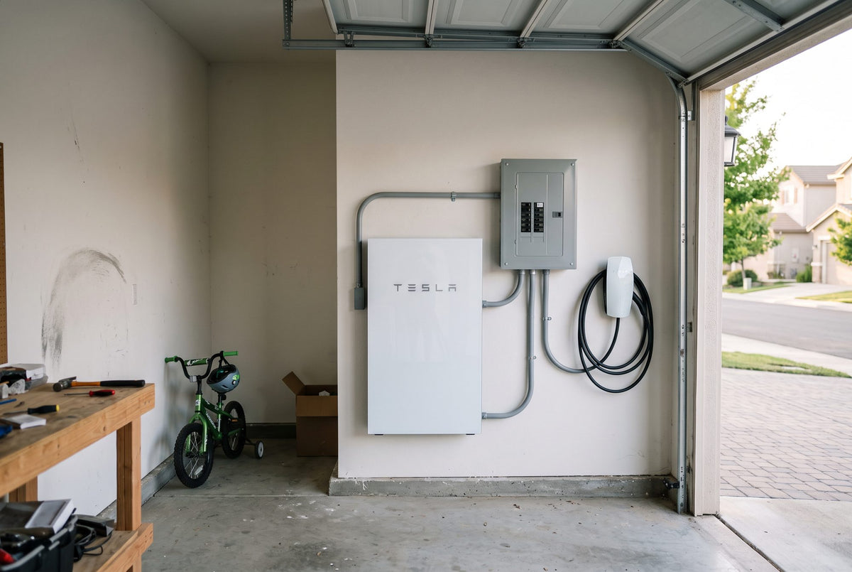 Home battery, subpanel and EV charger installed in a garage in El Dorado Hills, CA