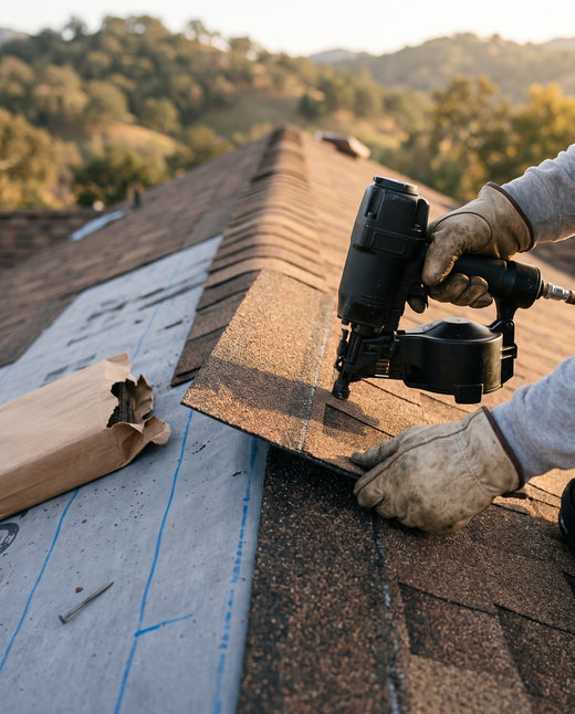 Roofer installing new architectural shingles on a Gold Country home