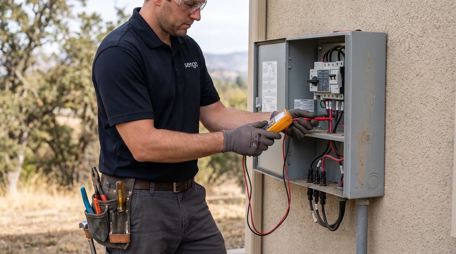 Licensed technician testing solar inverter wiring with a multimeter