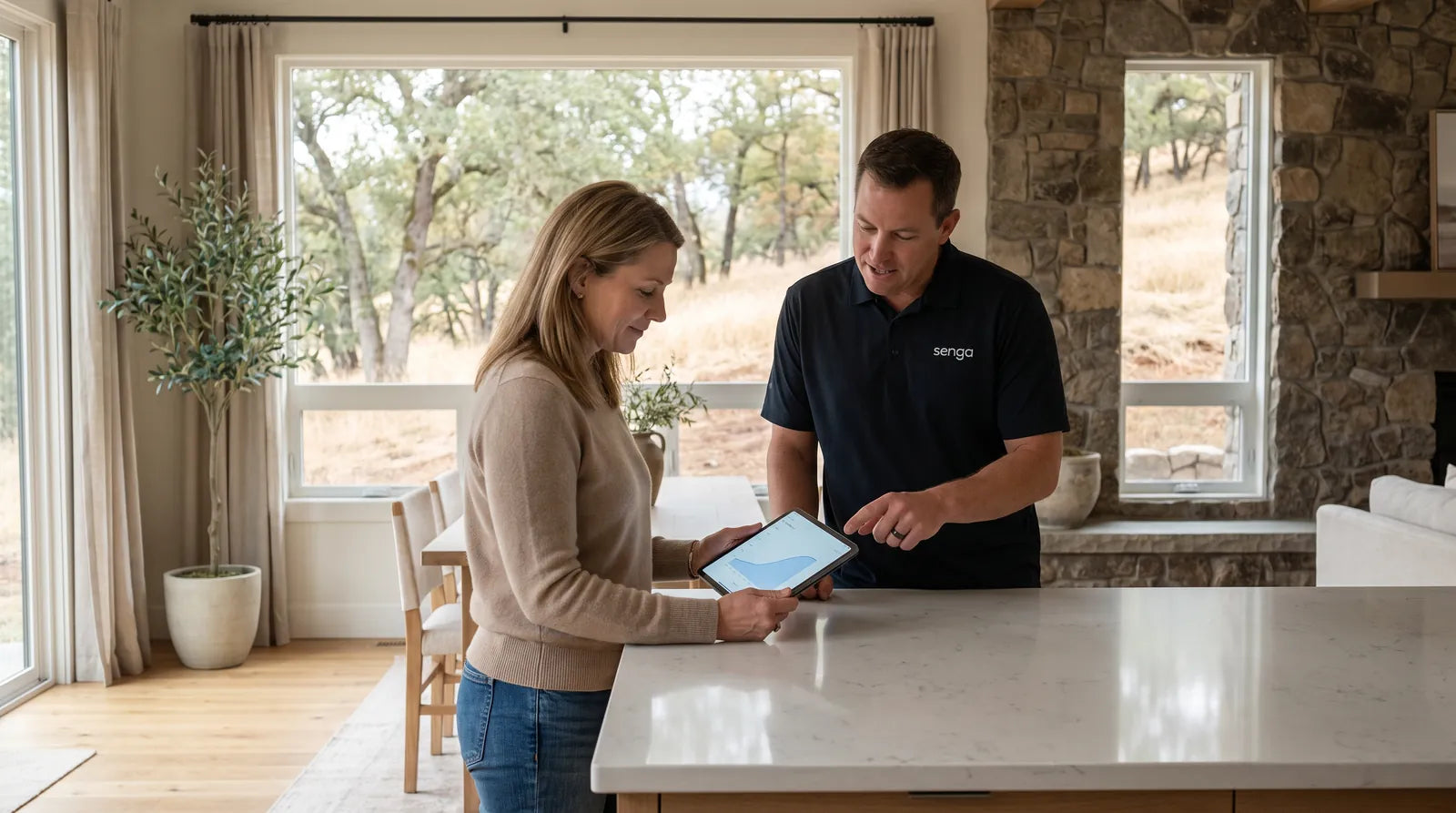 Homeowner and Senga Energy technician reviewing new solar monitoring on a tablet