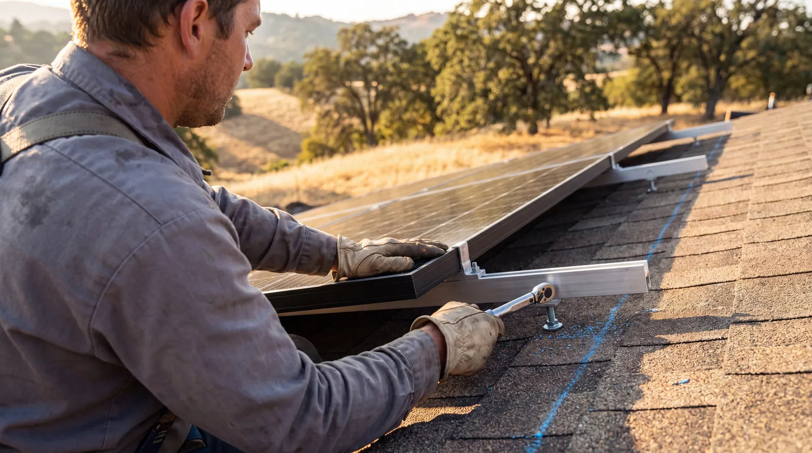 Solar installer securing panel mounting rails on a foothill home roof