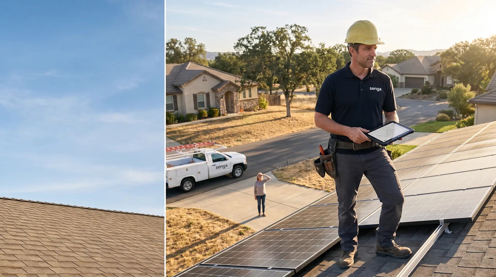 Senga Energy technician inspecting a rooftop solar system at an El Dorado Hills home