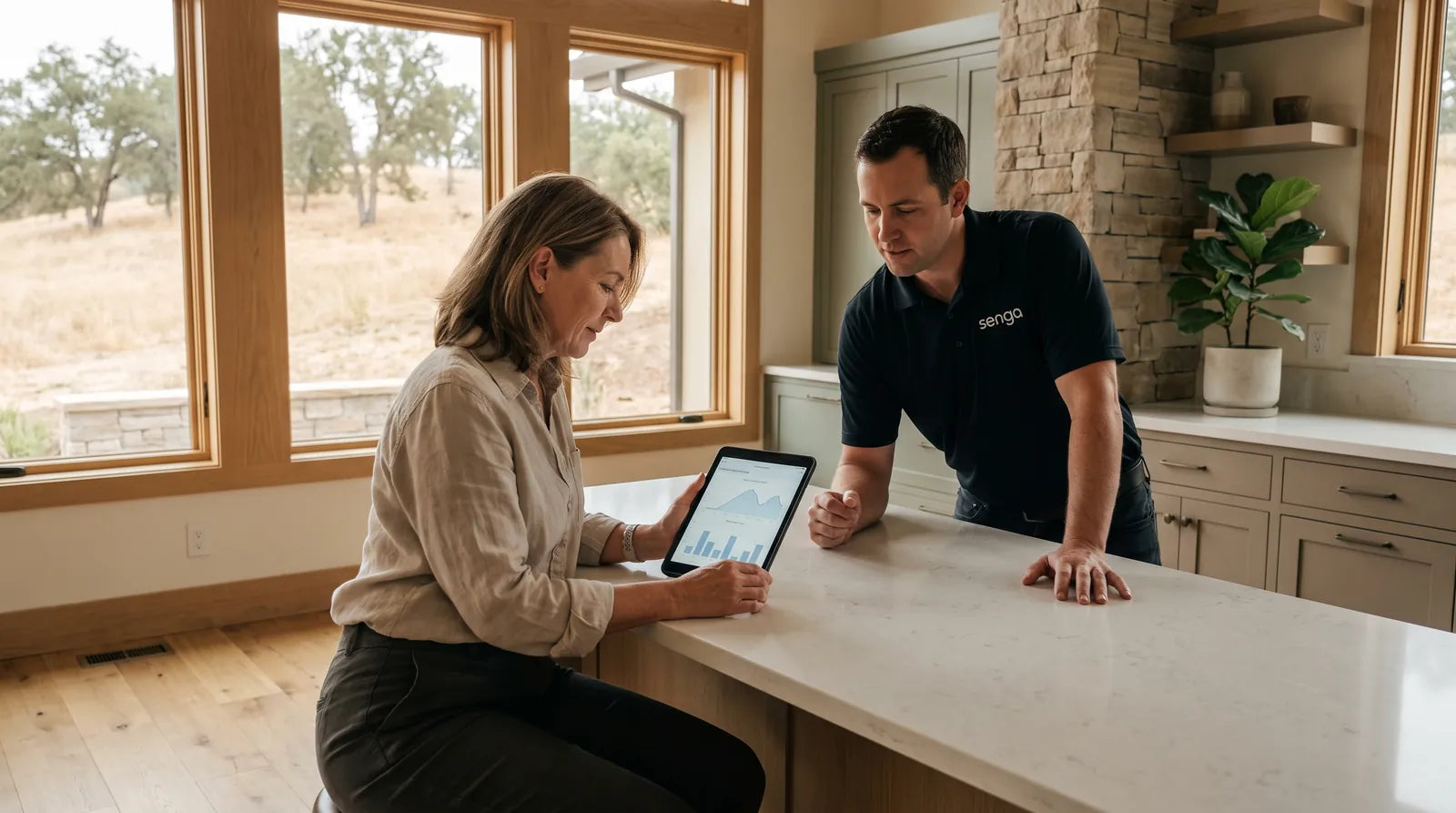 Senga Energy technician walking a homeowner through solar repair options and pricing