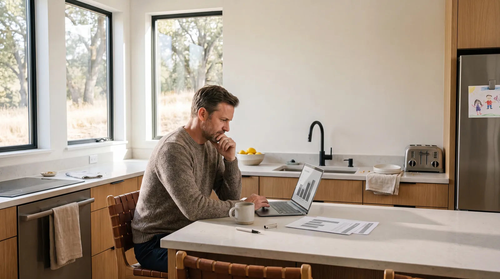 Homeowner reviewing solar production data and a PG&E true-up bill at his kitchen counter